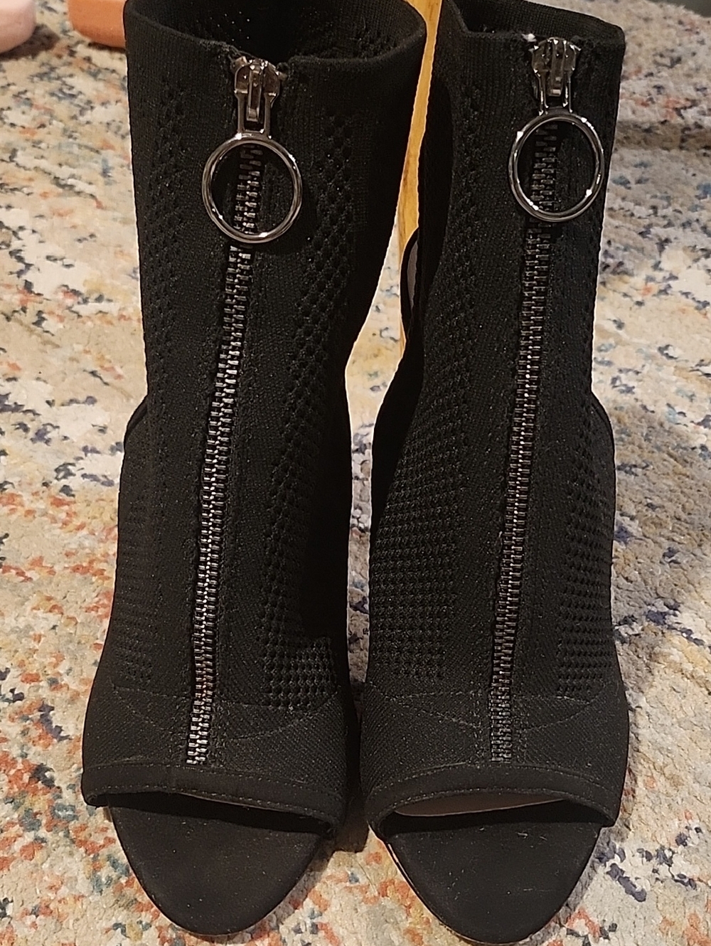 Zara Black Knit Peep-Toe Zip Ankle Boots
